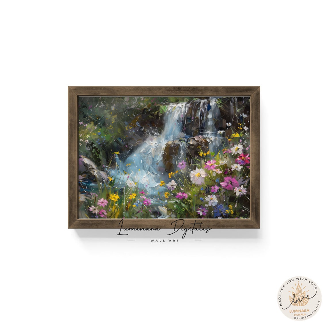 Waterfall Cascading Behind Colorful Wildflowers Impressionist Poster - Image 6