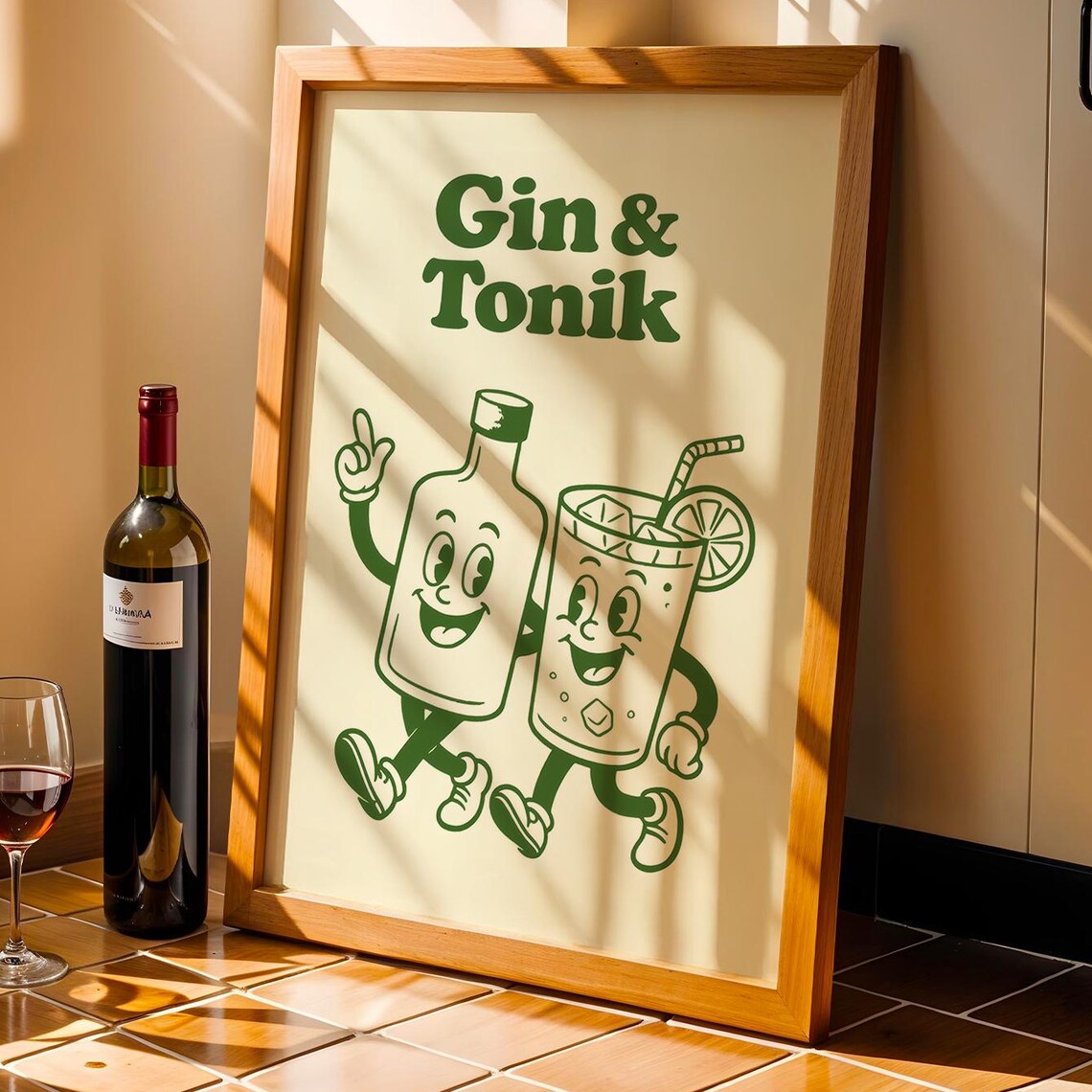 Gin And Tonik Dancing Bottle Mascot Retro Cocktail Bar Poster