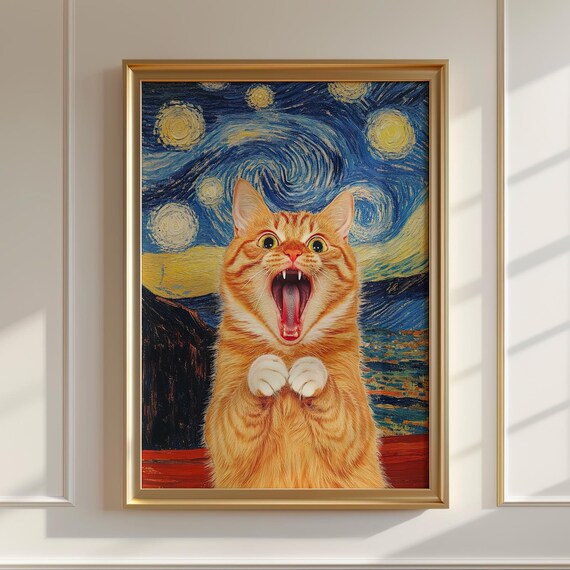 Van Gogh Starry Night Screaming Cat Print Cat Portrait Vintage Animal Wall Art Living Room Print Unique Gift For Cat Lovers