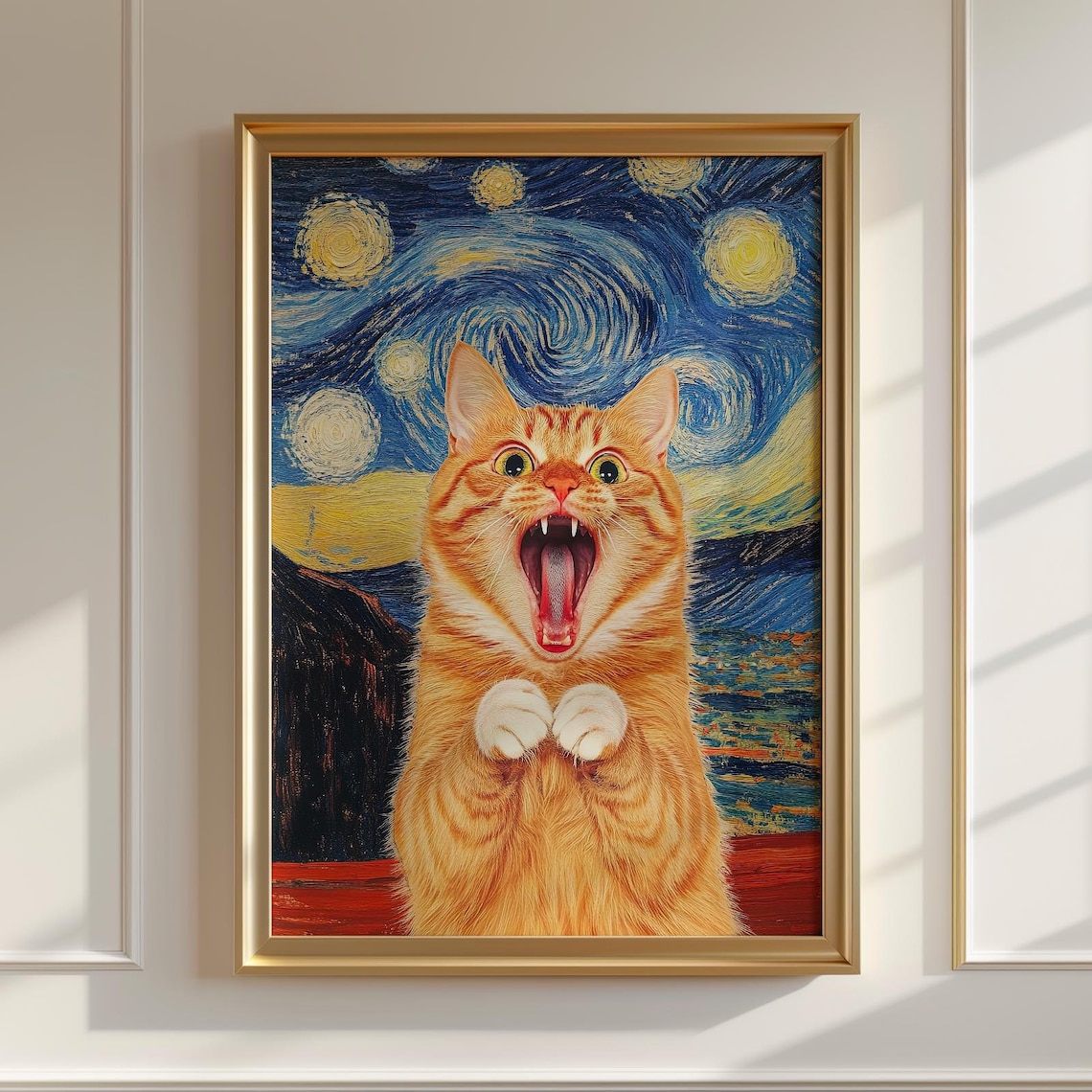 Screaming Orange Cat in Van Gogh Starry Night Funny Mashup Art Poster