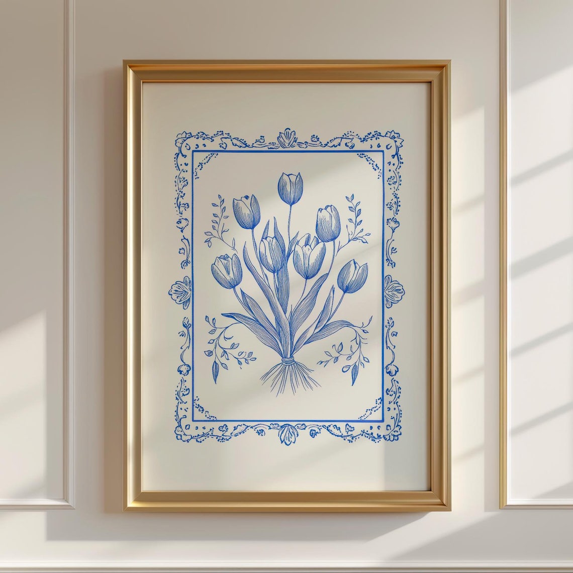 Blue Tulip Ink Drawing Floral Frame Classic Botanical Art Poster
