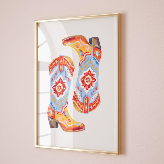 Colorful Painted Cowboy Boots Floral Red Blue Western Art Poster