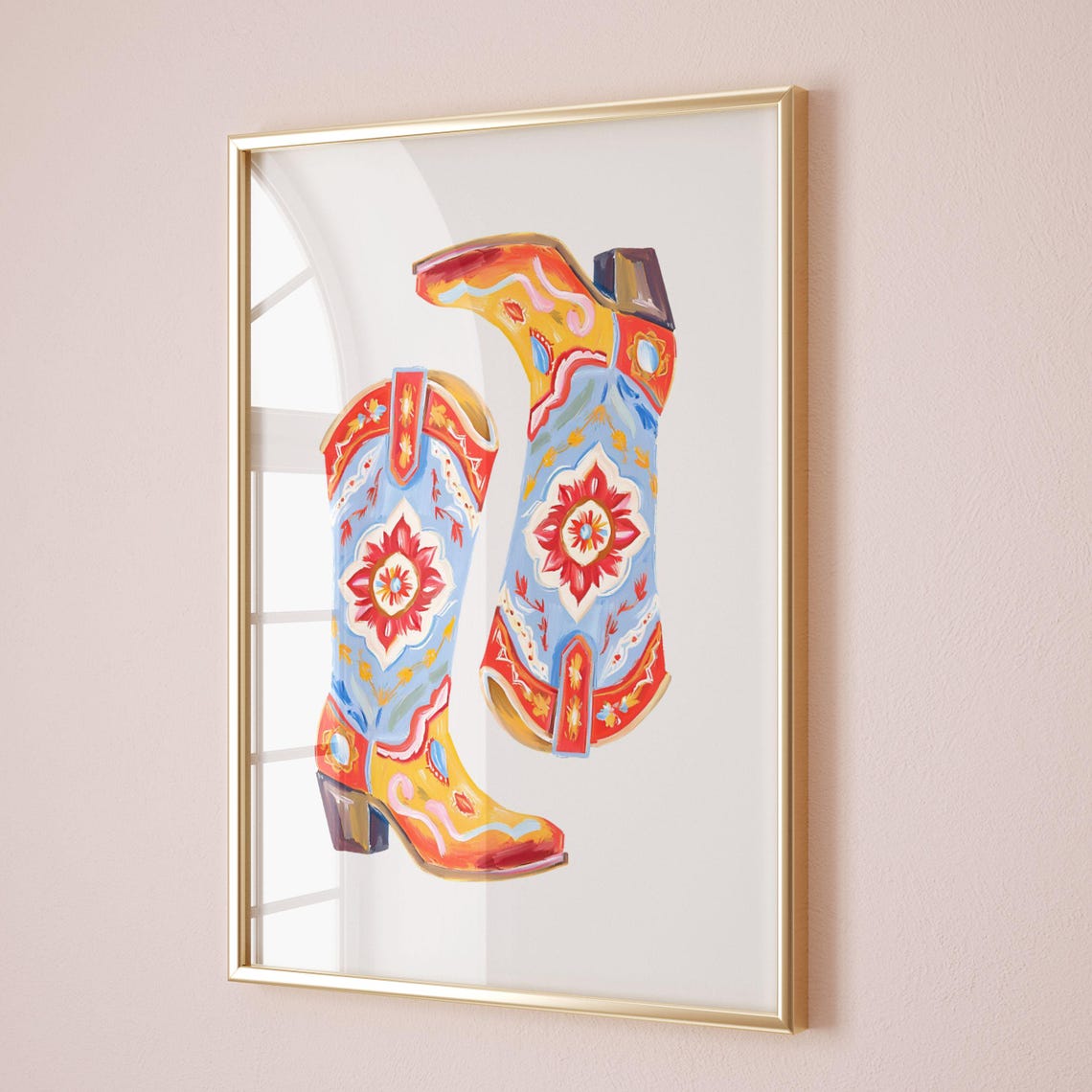 Colorful Painted Cowboy Boots Floral Red Blue Western Art Poster