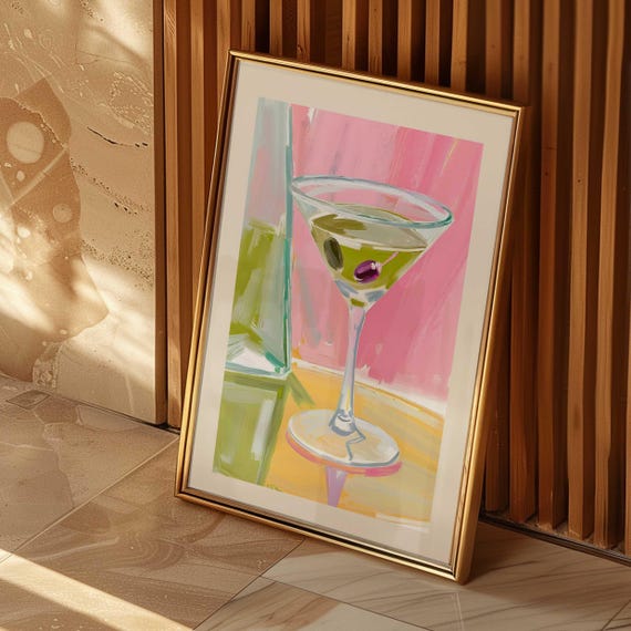 Martini Wall Art Print Olive Cocktail Poster Preppy Bar Cart Decor Pink Green Palm Beach Aesthetic Printable Kitchen
