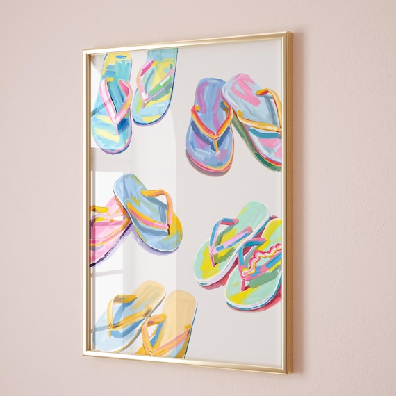 Flip Flops Coastal Art Print, Beachy Pastel Painting