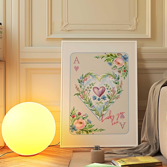 Ace Of Hearts Watercolor Floral Heart Wreath Lucky You Poster