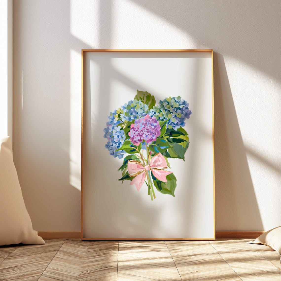 Hydrangea Bouquet Watercolor Pink Bow Floral Grandmillennial Poster