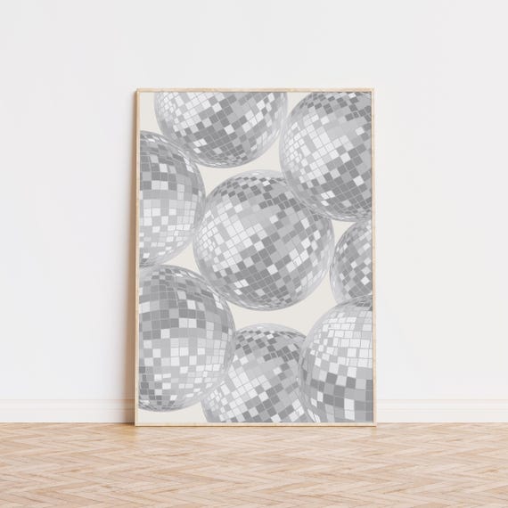 Gray Disco Ball Print Retro Prints Bar Cart Art Trendy Preppy Room Decor Wall Museum Quality