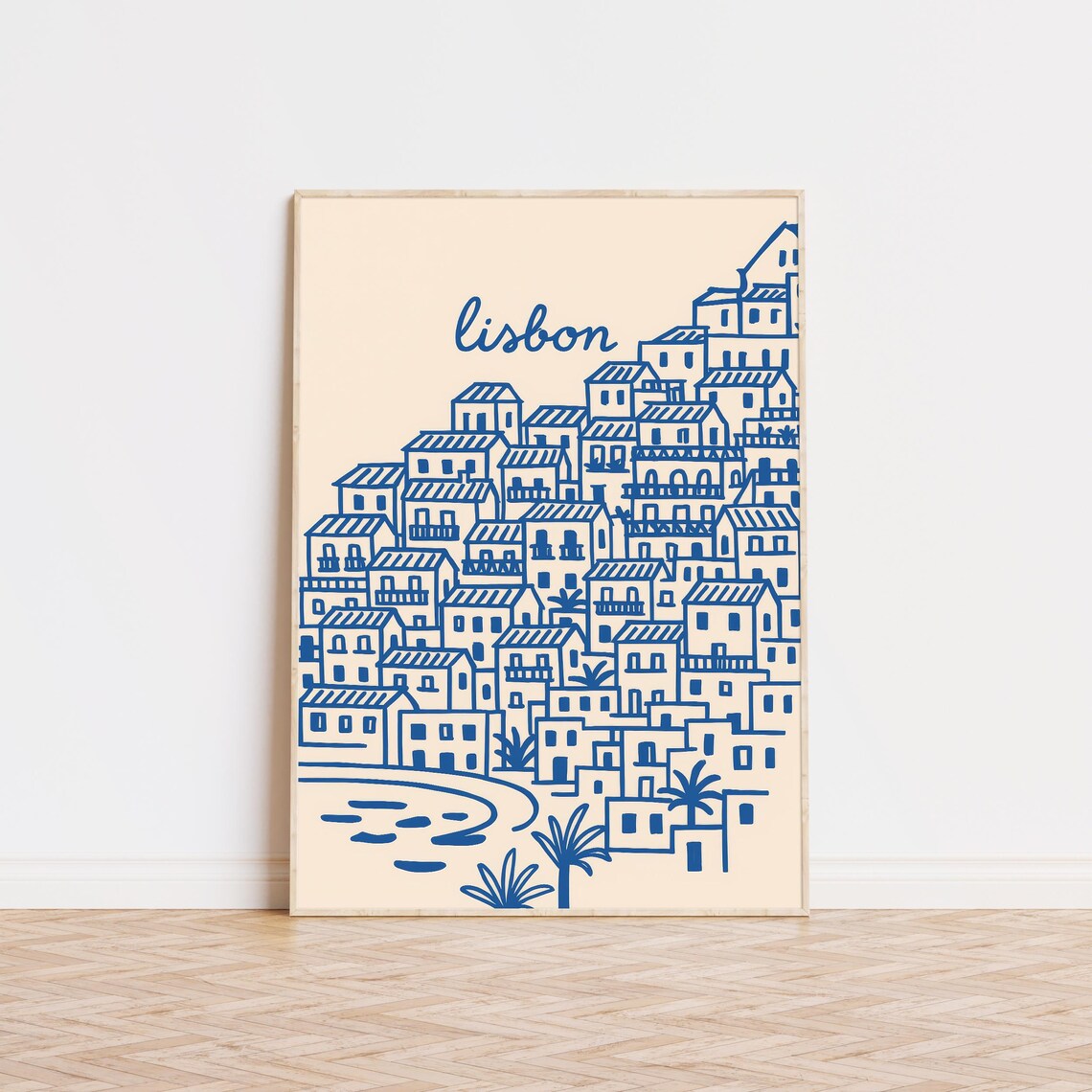 Lisbon Portugal Hand Drawn Navy Blue City Line Art Travel Poster