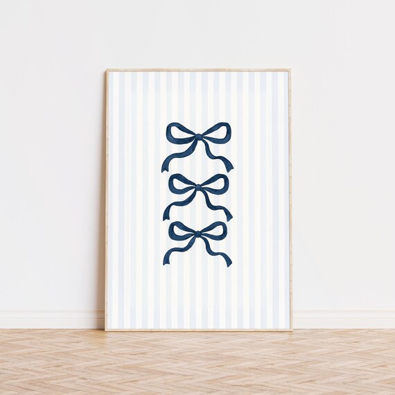 Navy Blue Bow Trio Ribbon Striped Trendy Preppy Coquette Wall Poster