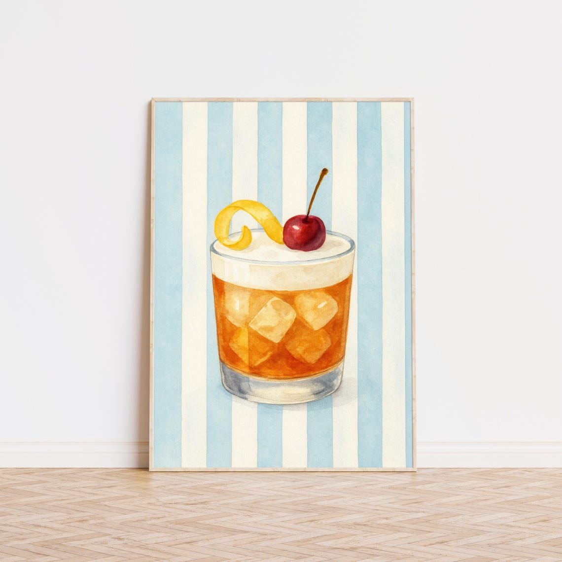 Classic Sour Cocktail Watercolor Cherry Lemon Striped Bar Art Print