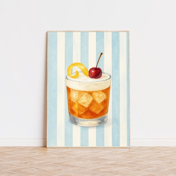 Classic Sour Cocktail Watercolor Cherry Lemon Striped Bar Art Print