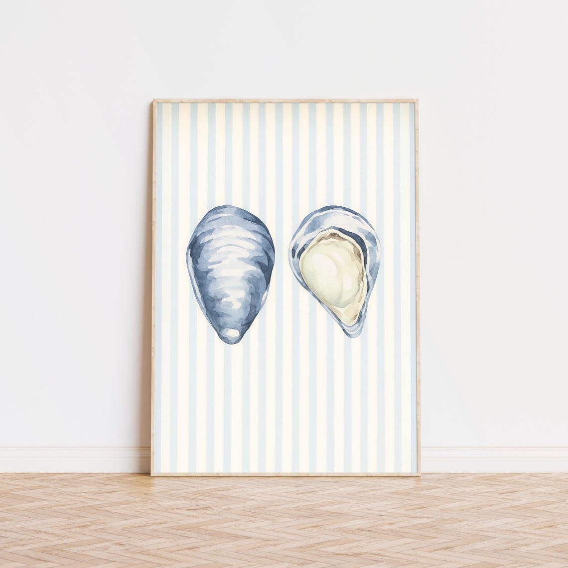 Blue Mussel Shells Watercolor Pair Striped Coastal Kitchen Art Poster