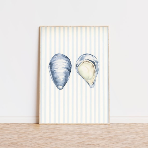 Blue Mussel Shells Watercolor Pair Striped Coastal Kitchen Art Poster