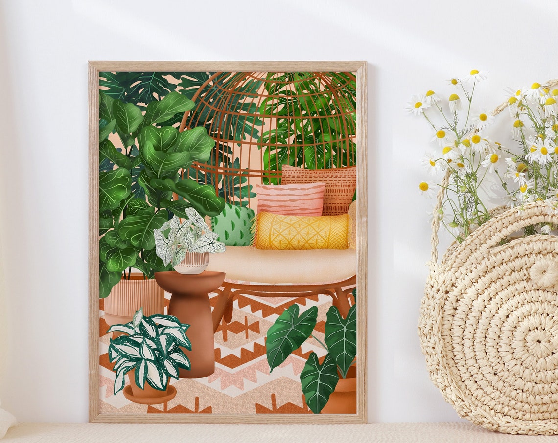Cozy Plant Room with Rattan Peacock Chair Botanical Scene Poster