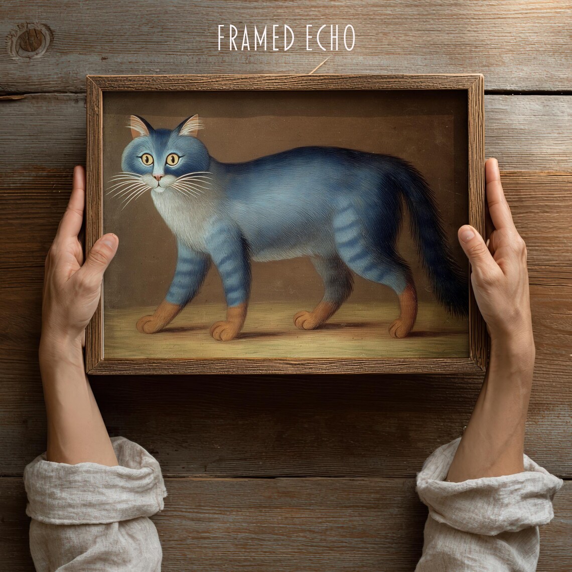 Vintage Blue Tabby Cat Folk Art Whimsical Feline Animal Wall Print