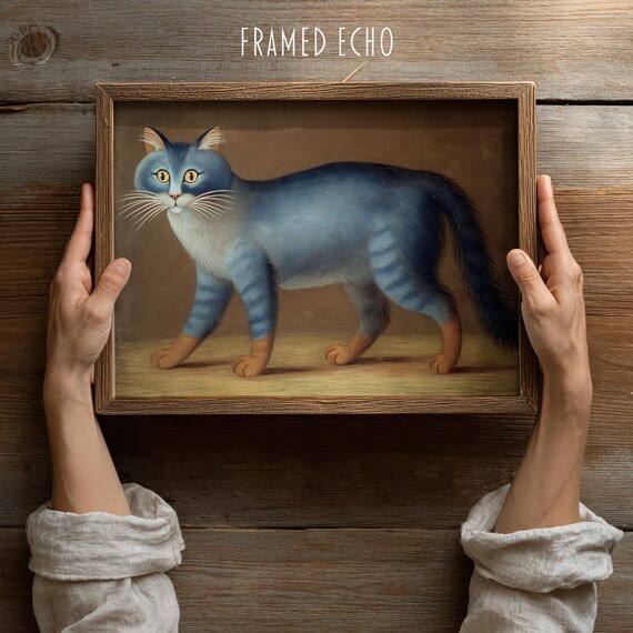 Vintage Blue Tabby Cat Folk Art Whimsical Feline Animal Wall Print