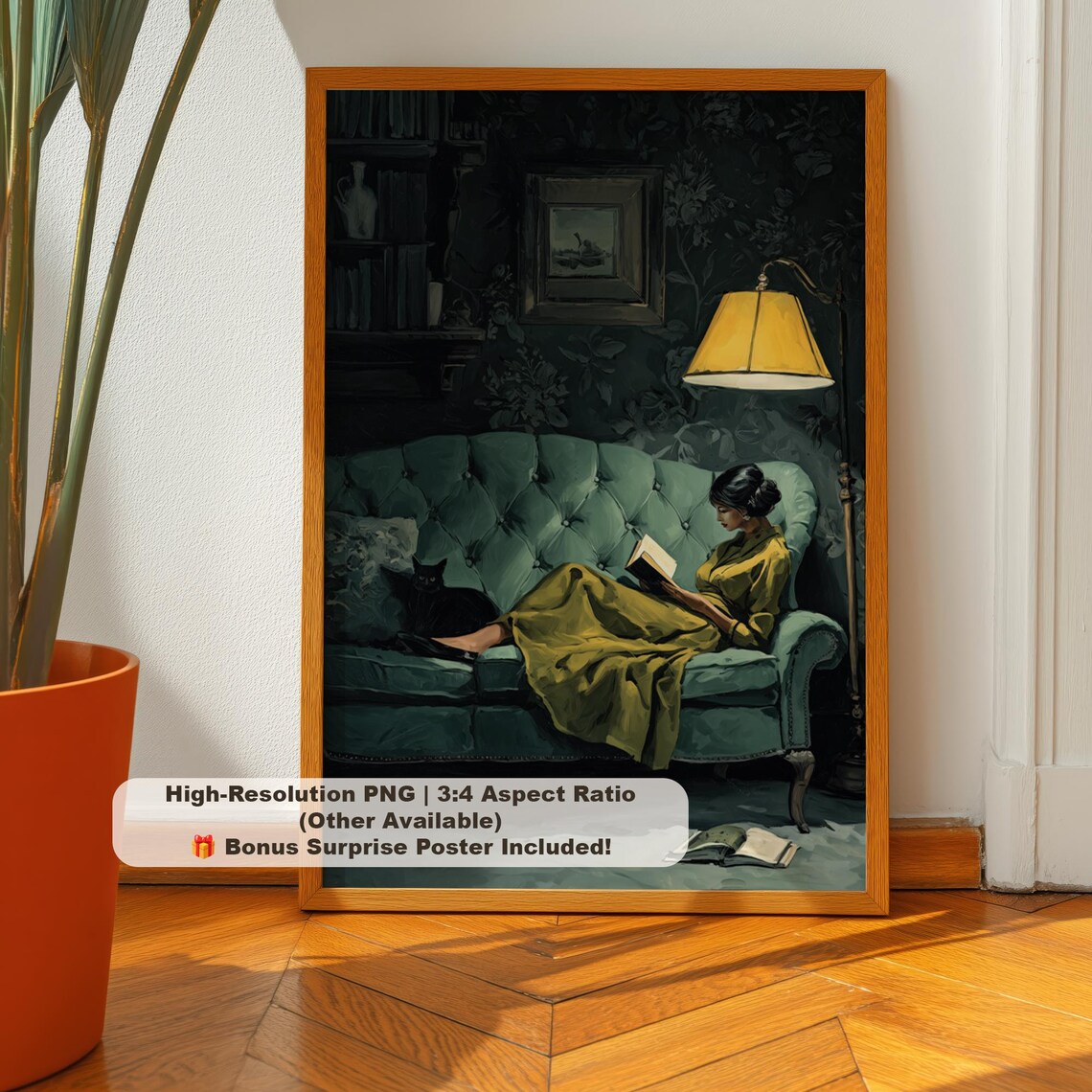 Dark Academia Woman Reading On Sofa With Black Cat Art Poster