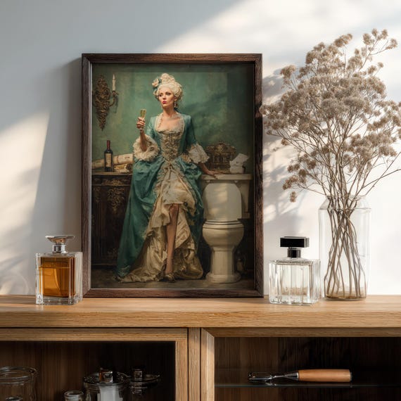 Funny Marie Antoinette Bathroom Wall Art Green Baroque Dress Print For Glam Decor