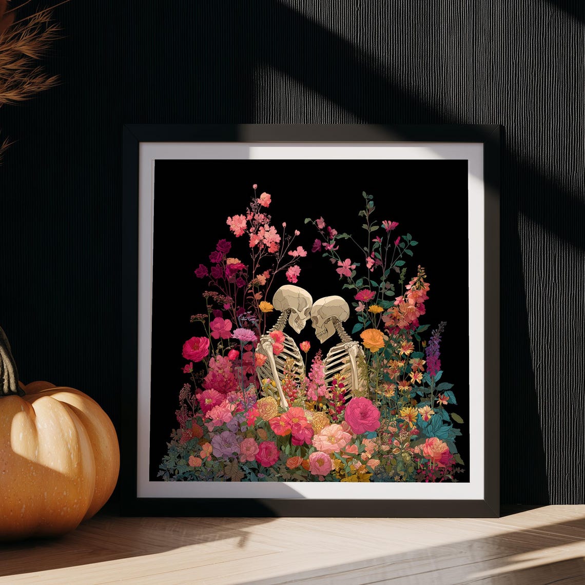 Skeleton Couple Floral Print Romantic Goth Wall Art