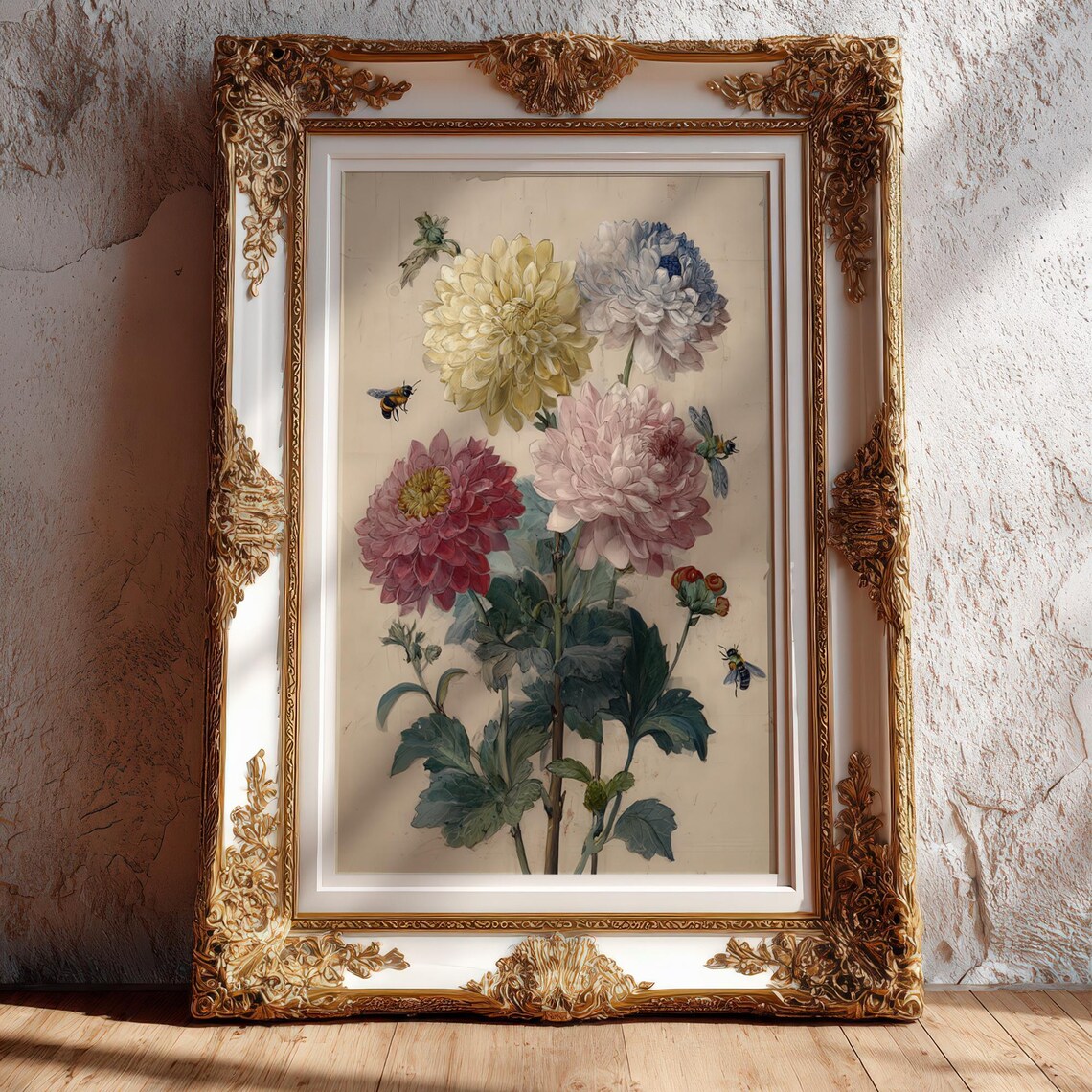 Vintage Floral Bee Print Antique Botanical Illustration
