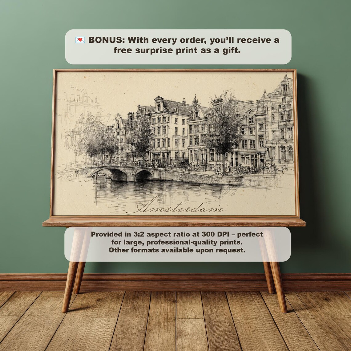 Vintage Amsterdam Canal Houses City Pen Sketch Netherlands Print
