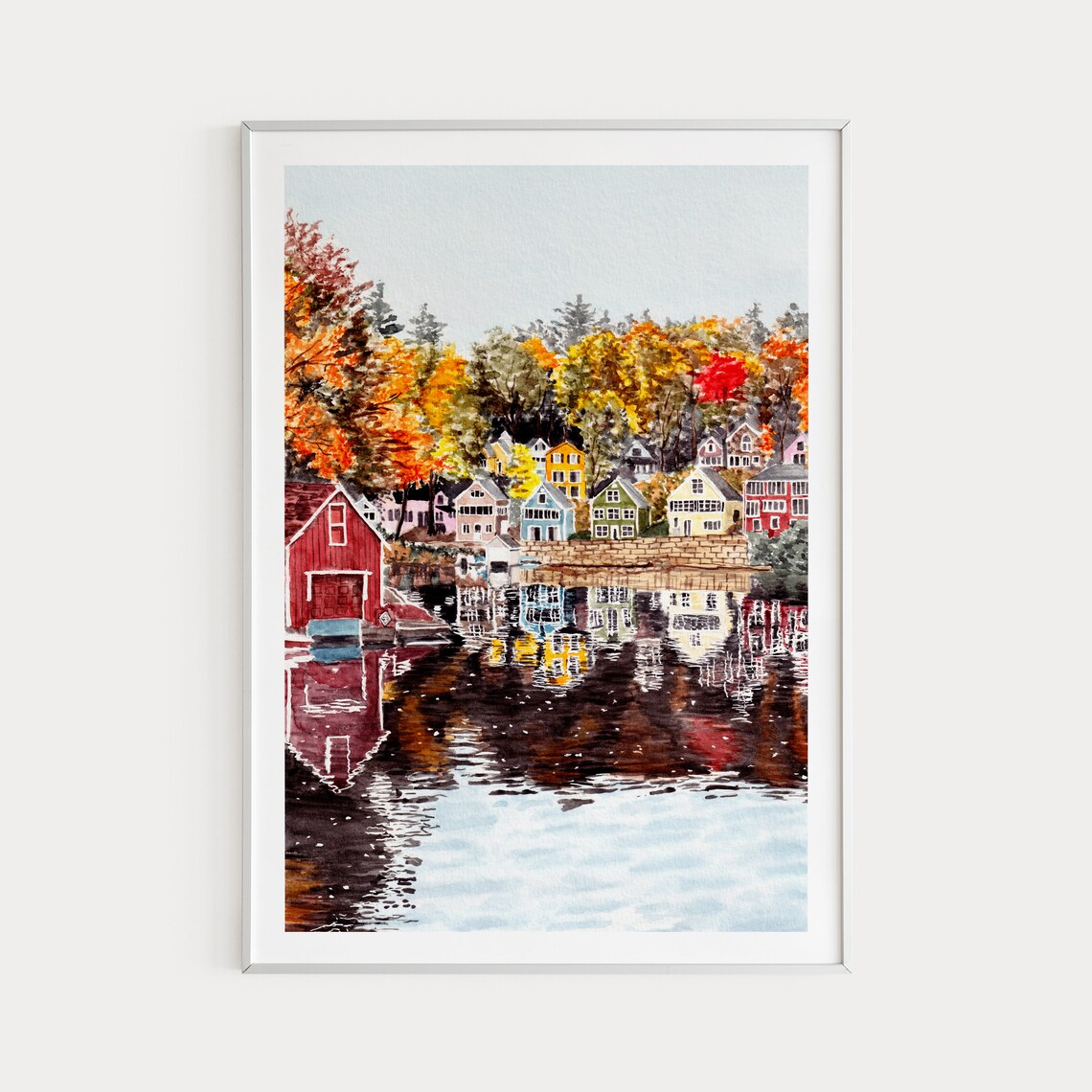 Alton Bay Lake Winnipesaukee Fall Village Reflection Watercolor Poster