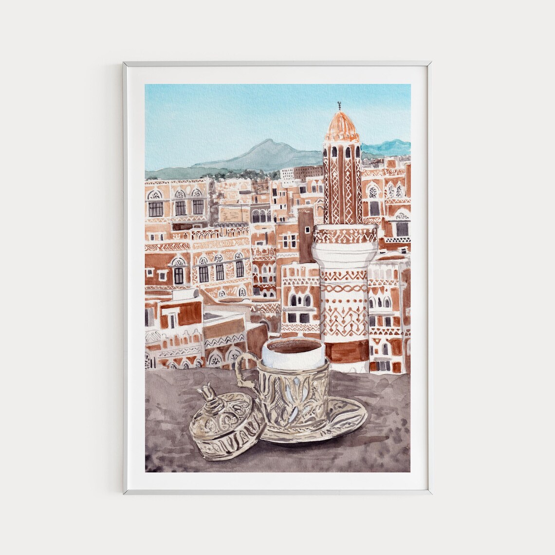 Sanaa, Yemen Watercolor Travel Poster, Middle East