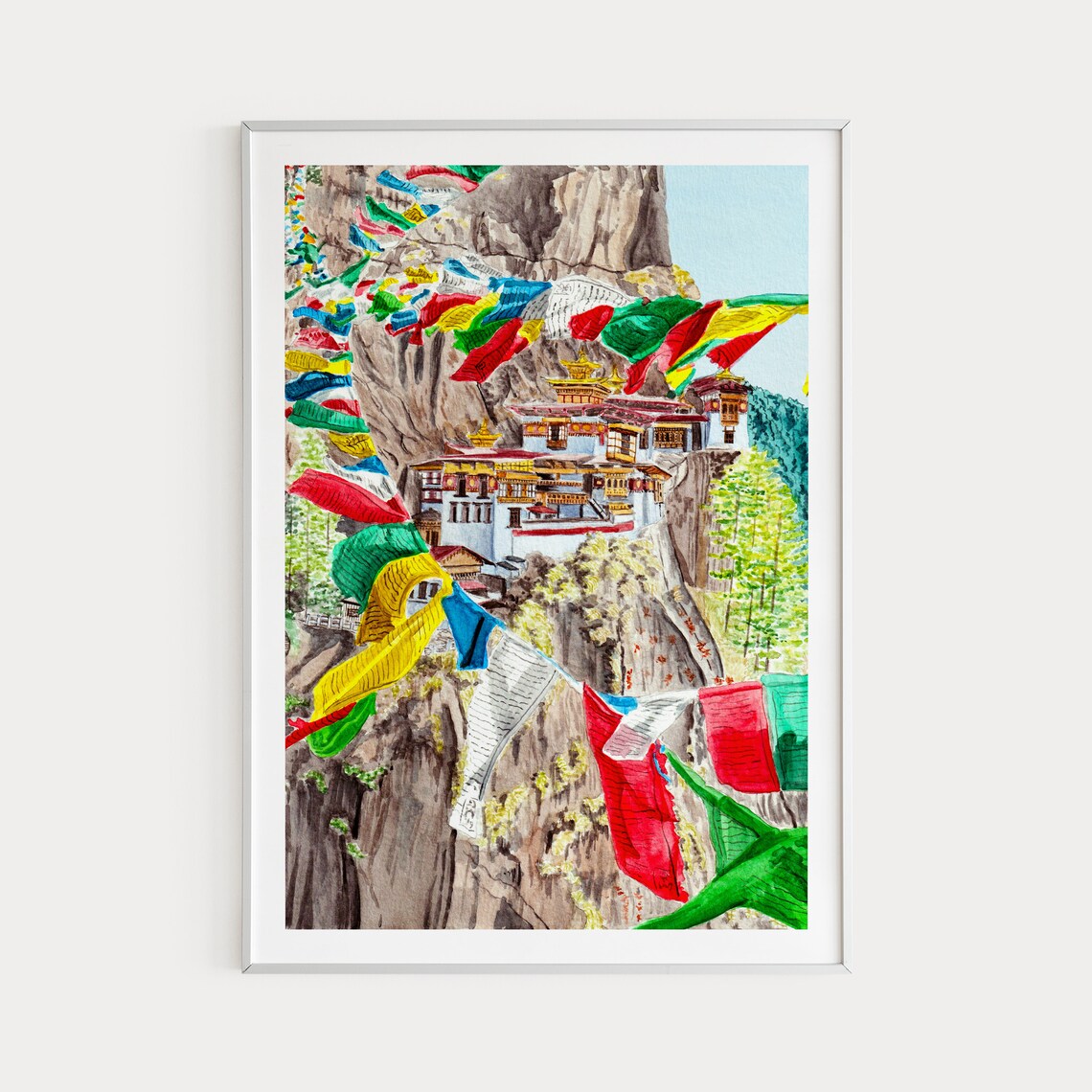 Bhutan Tigers Nest Monastery Watercolor Art Print