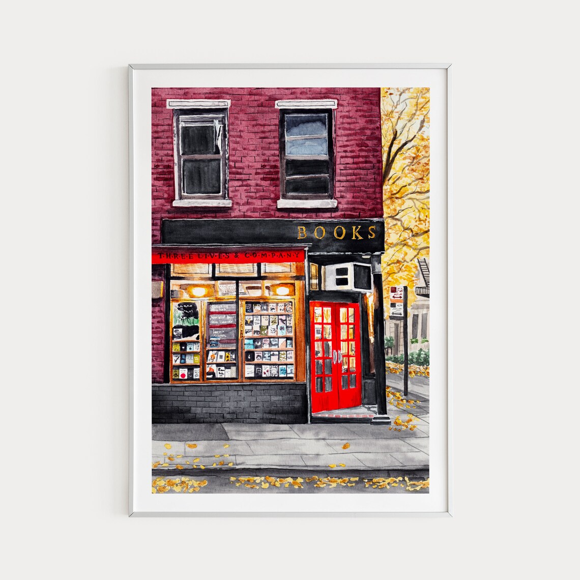 New York City Bookstore Watercolor Autumn Storefront Manhattan Poster