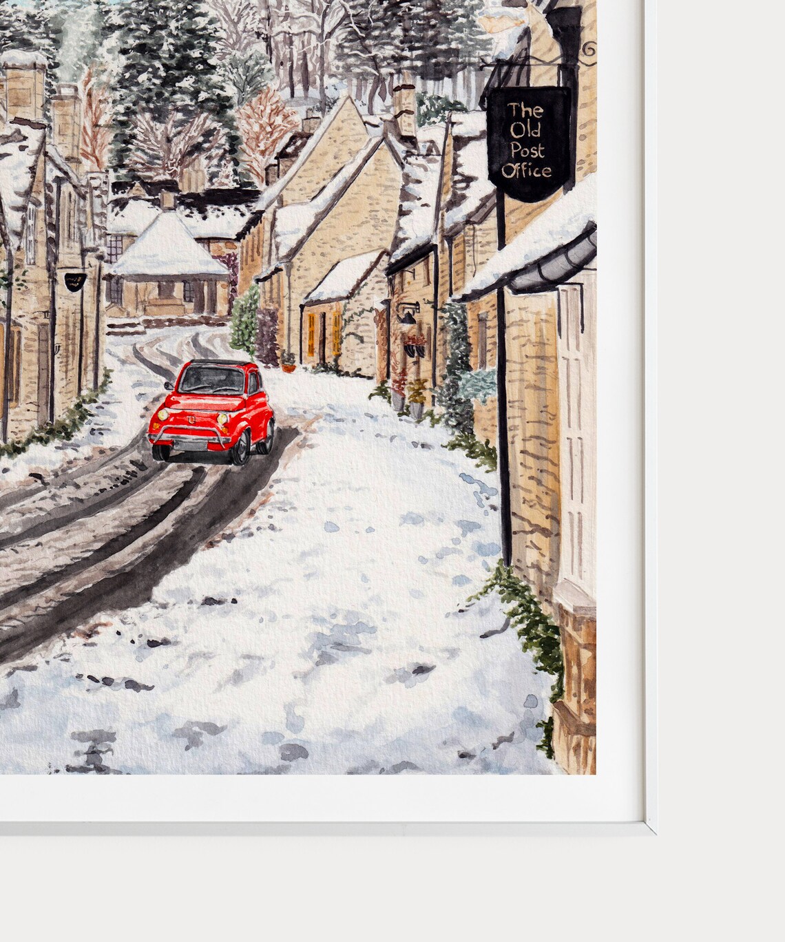 The Cotswolds Watercolor Art Print, Castle Combe Winter - Image 2