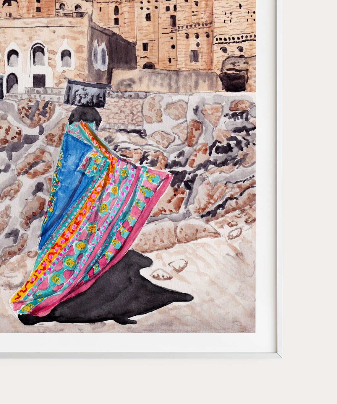 Yemen Hababa Watercolor Stone Tower Houses Colorful Shawl Poster - Image 3