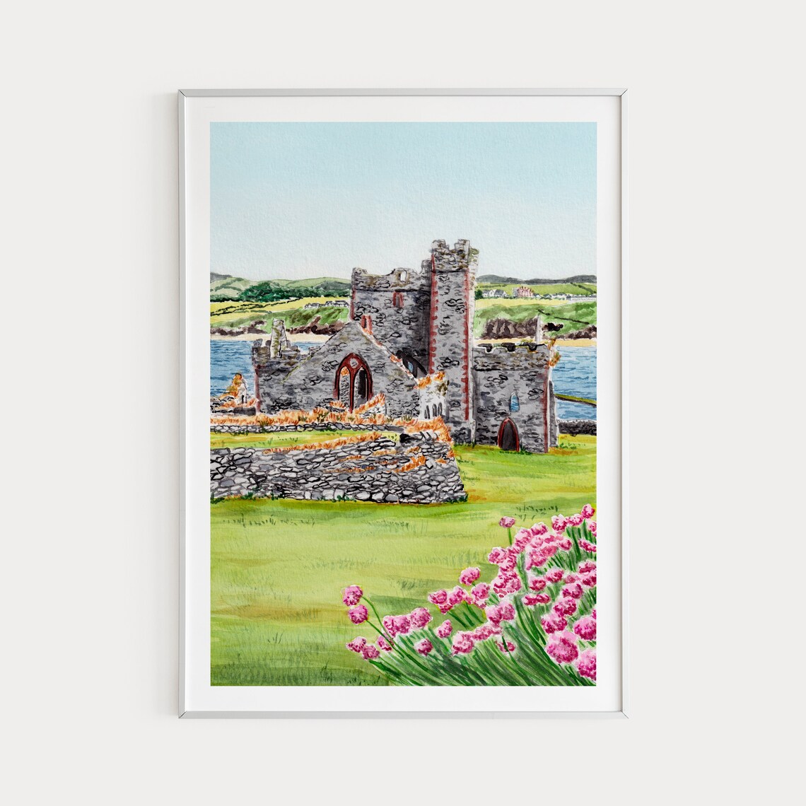 Peel Castle Isle Of Man Watercolor With Sea Thrift Flowers Poster