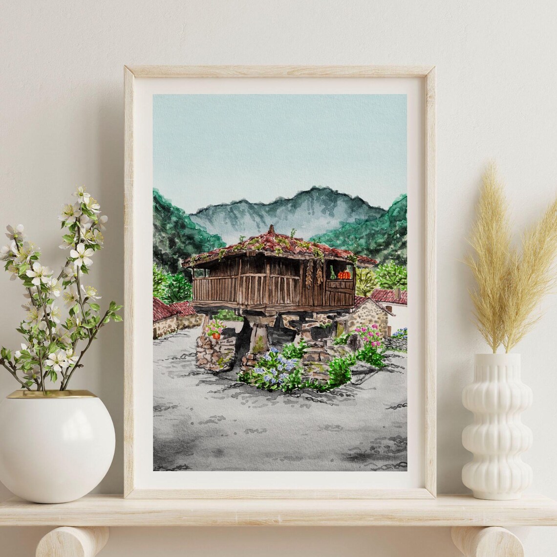 Asturias Spain Wooden Hórreo Granary Mountain Watercolor Poster - Image 3