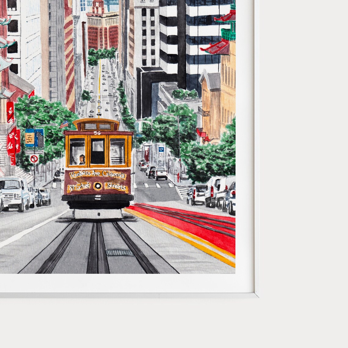 San Francisco Cable Car Chinatown Street Watercolor California Poster - Image 2