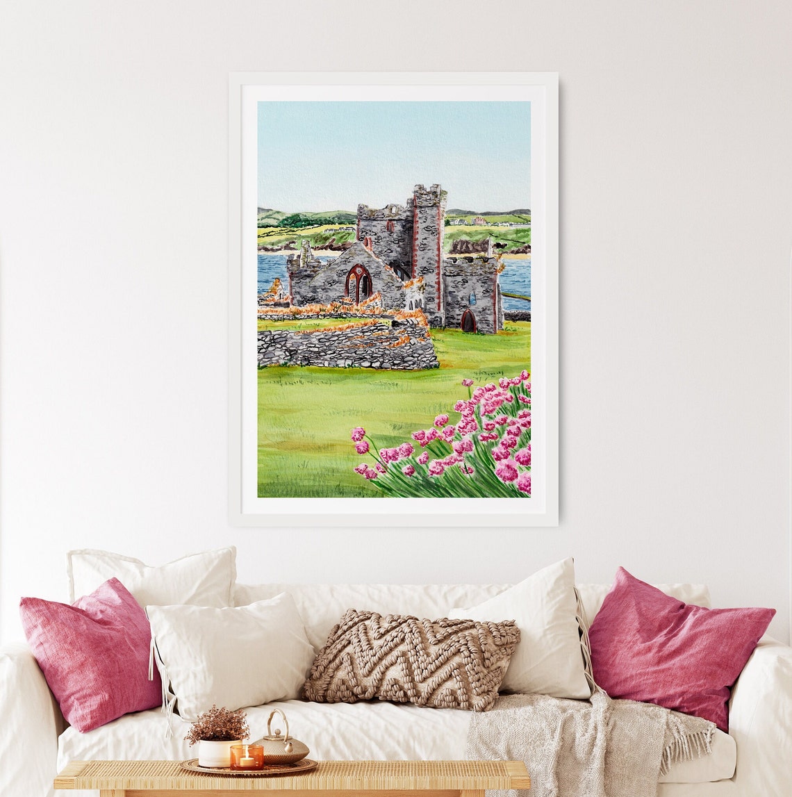 Peel Castle Isle Of Man Watercolor With Sea Thrift Flowers Poster - Image 2