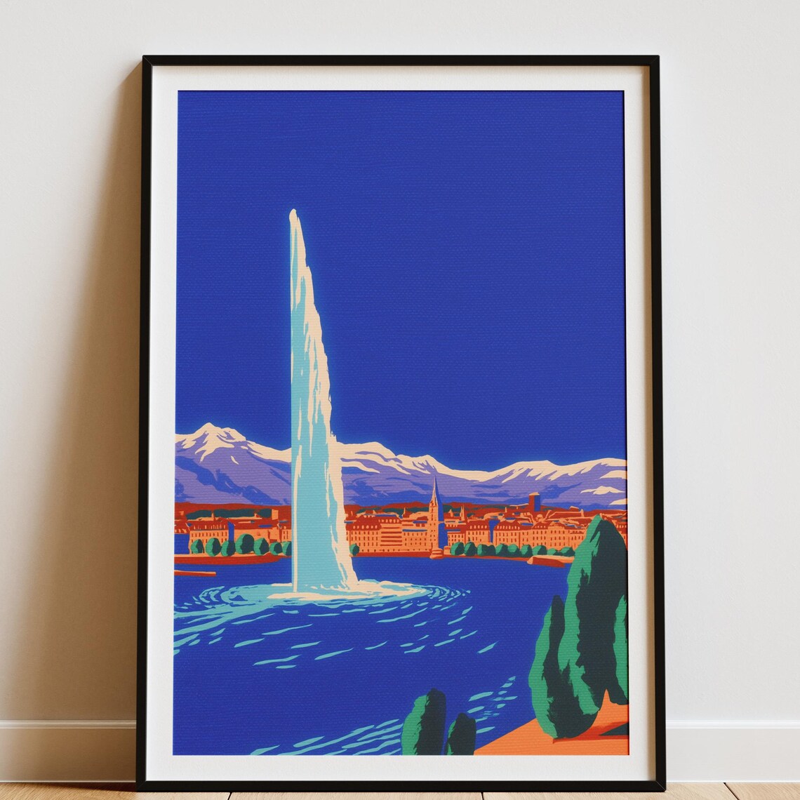 Lake Geneva Jet dEau Bold Blue Cityscape Illustration Poster