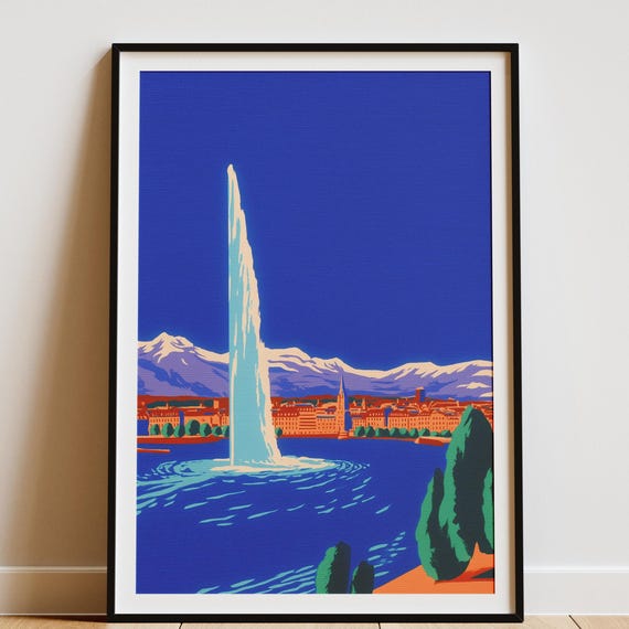 Lake Geneva Print Jet Deau Poster Wall Art Switzerland Travel Swiss Cityscape Fountain Illustration Scenic Decor