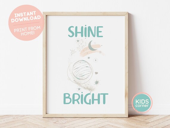 Shine Bright Planet and Stars Teal Blue Green Space Nursery Art Poster