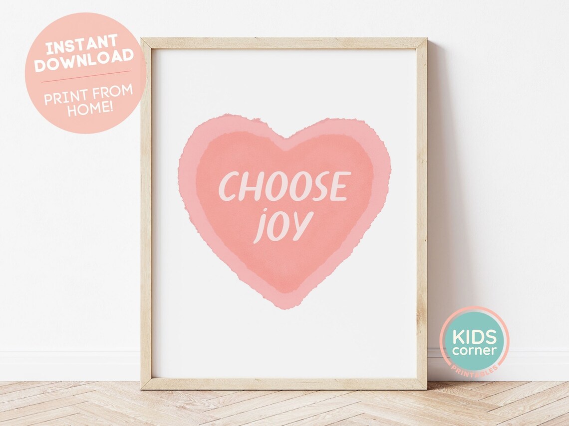 Choose Joy Blush Pink Watercolor Heart Kids Room Nursery Poster