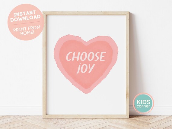 Choose Joy Blush Pink Watercolor Heart Kids Room Nursery Poster