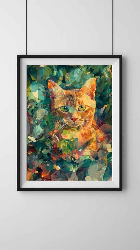 Ginger Cat Portrait In Colorful Geometric Leaf Painting Poster