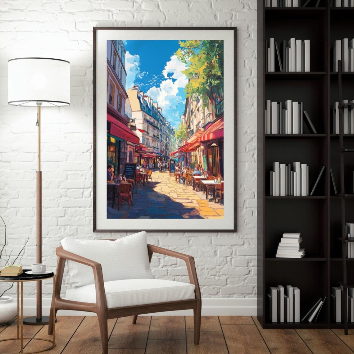 Sunny Paris Cafe Street With Red Awnings And Cobblestones Poster - Image 4