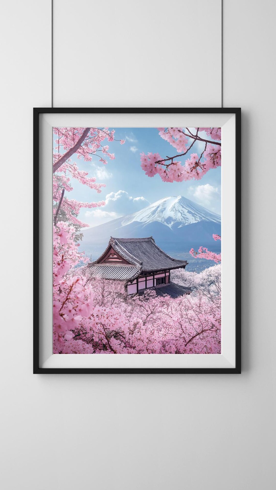 Mount Fuji Snowy Peak With Japanese Temple And Cherry Blossoms Poster