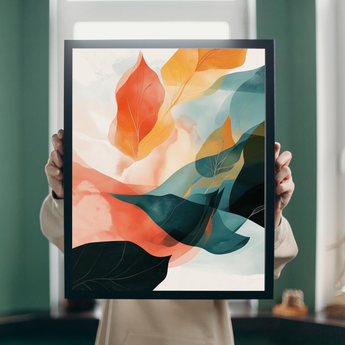 Flowing Coral Teal And Amber Leaves Abstract Watercolor Poster - Image 5