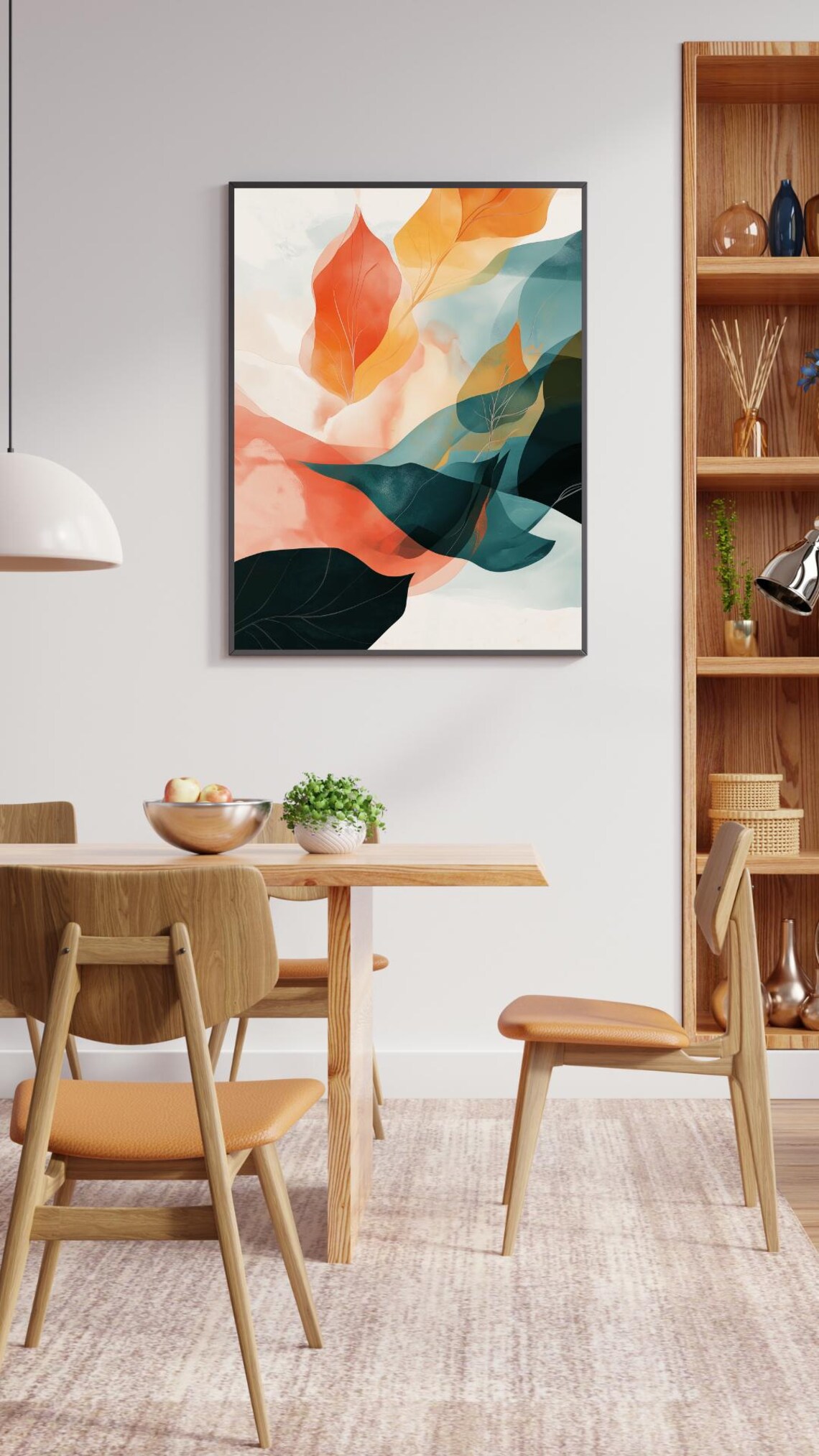 Flowing Coral Teal And Amber Leaves Abstract Watercolor Poster - Image 2