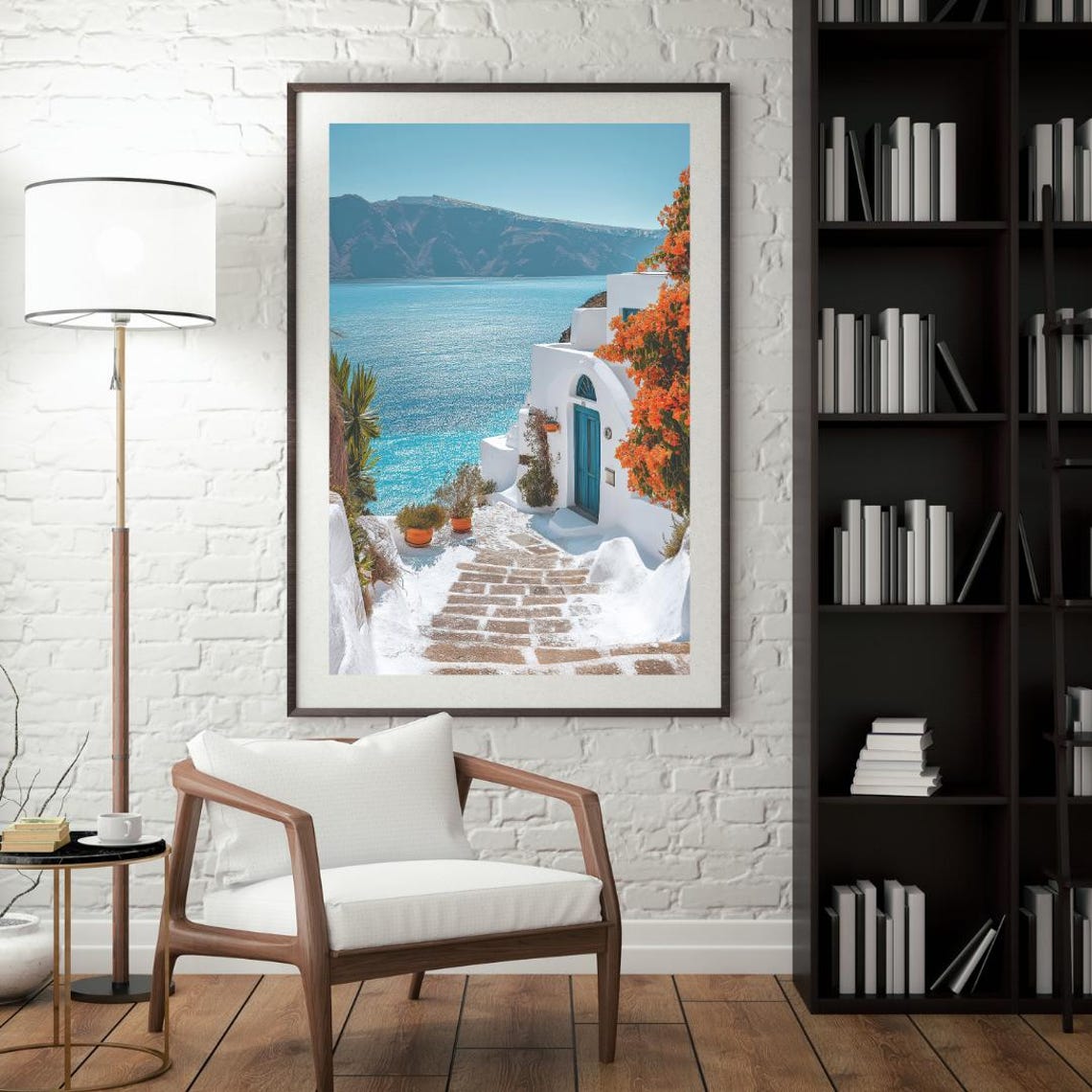 Santorini Whitewashed Street With Blue Door And Bougainvillea Poster - Image 4