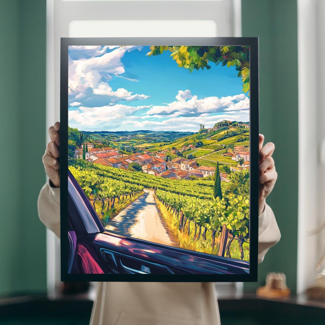 Car Window View Of Vineyard Path Toward Village Under Clouds Poster - Image 5