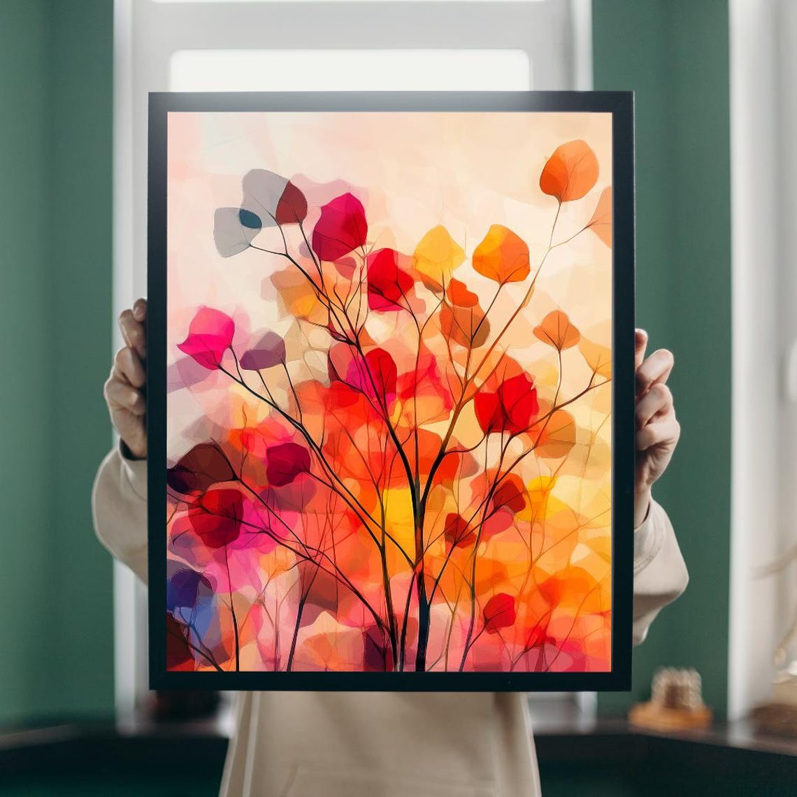 Abstract Watercolor Tree With Red Orange Autumn Foliage Poster - Image 5