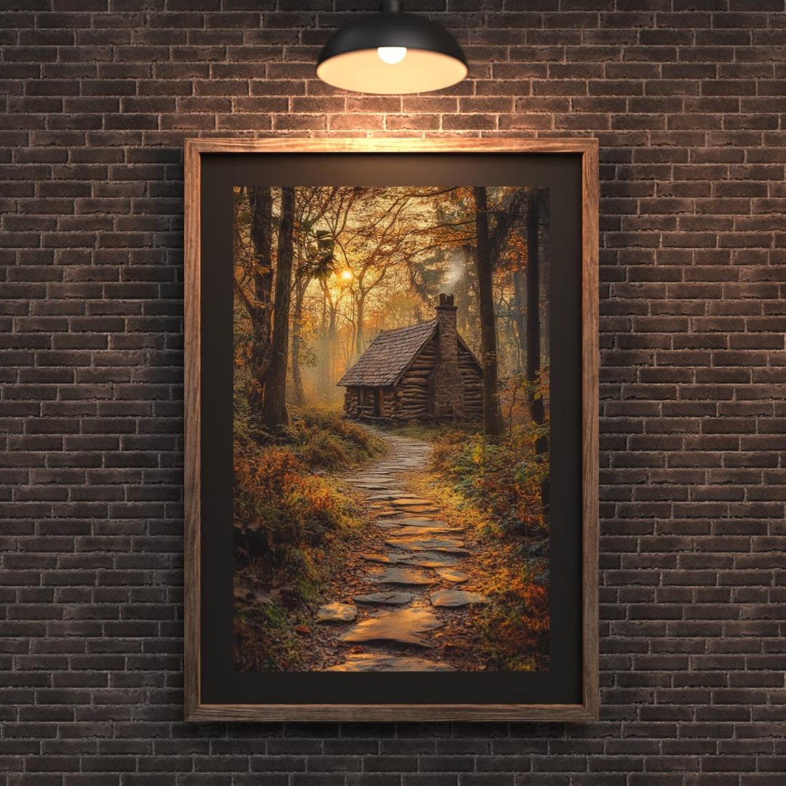 Log Cabin In Golden Autumn Forest At Sunset Along Stone Path Poster - Image 5